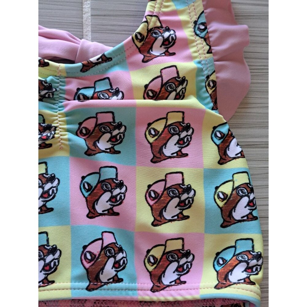 Buc-ees Toddler Girls 2T Two-Piece Ruffle Bikini Swim Set Cartoon Beaver Pink - Picture 2 of 6
